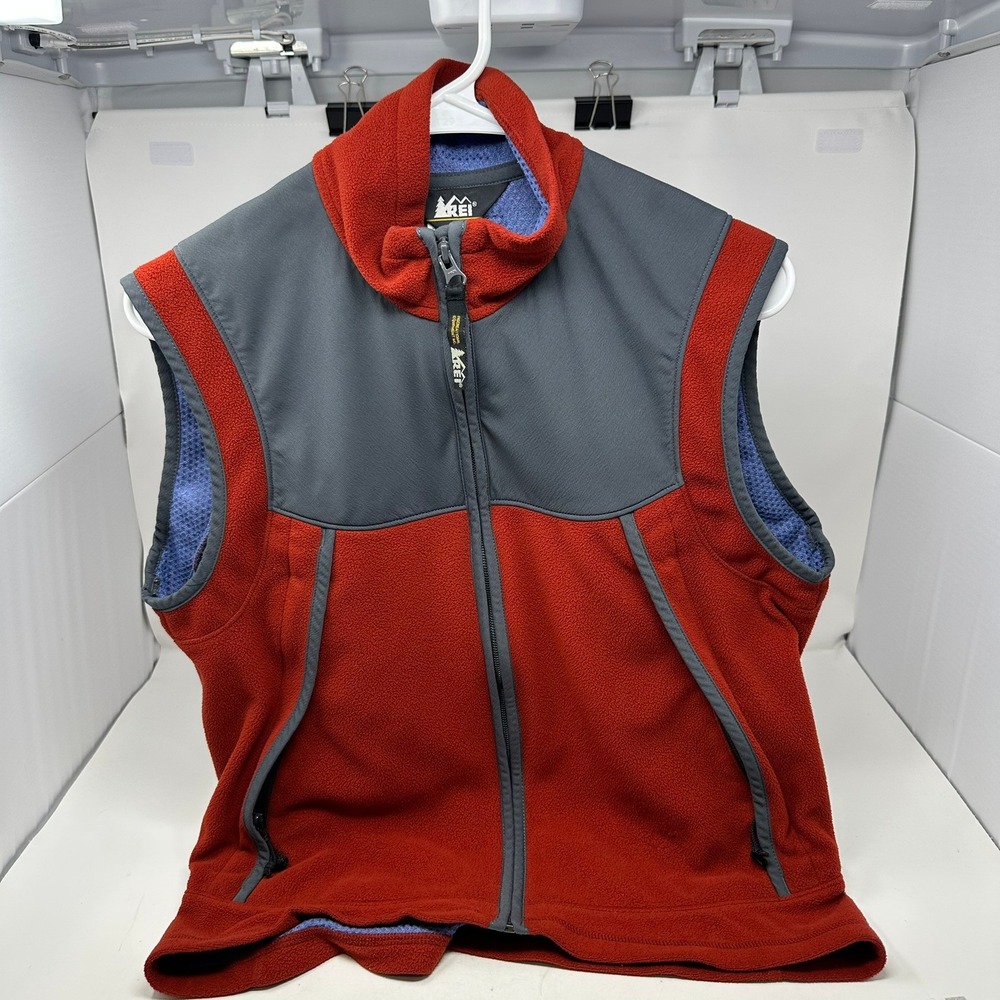 REI Fleece Vest Men Red Grey Full Zip Gorpcore Outdoor Hiking Layer